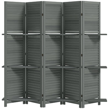 5 Panel 67" Tall Wood Privacy Screen Room Divider with 3 Shelves and Folding Storage for Bedroom, Gray