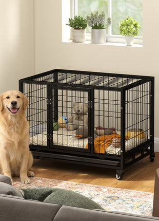 36" Heavy Duty Dog Crate with Removable Tray, Lockable Wheels and Double Door, for Medium and Large Dogs, Black