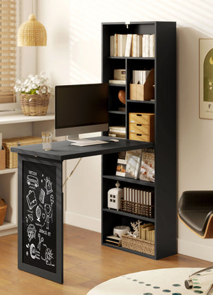 Fold-out Convertible Home Office Desk, Wall Mount Computer Desk with Blackboard and Side Shelf, Black