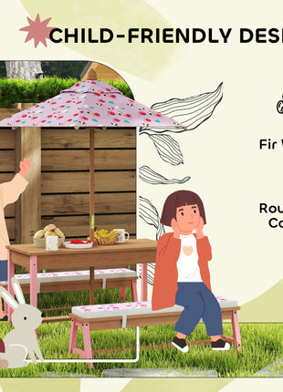 Kids Picnic Table Set with Foldable Umbrella, Removable Cushions & Boxes, Flamingo Theme, Pink