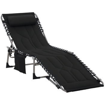 Padded Folding Chaise Lounge Chair, Outdoor 6-Level Reclining Camping Tanning Chair with Headrest for Beach, Yard, Patio, Pool, Black