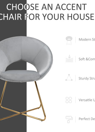 Modern Accent Velvet Chair Open Curved Mid-Back Upholstered Vanity Chair with Gold Plating Metal Legs Gray