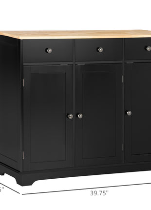Kitchen Storage Cabinet, Sideboard Floor Cupboard with Solid Wood Top, Adjustable Shelf, and 3 Drawers, Black
