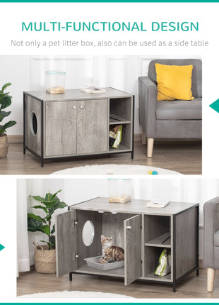 Large Wooden & Steel Cat Litter Box Enclosure, Kitten Washroom End Table, Indoor Hidden Cat House with Magnetic Doors & Storage Shelves, Gray