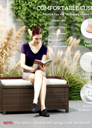 Outdoor Wicker Storage Bench with Storage & Cushion, Cream White