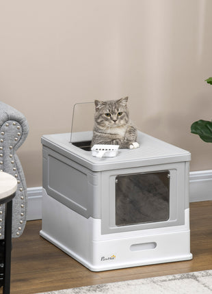 Fully Enclosed Cat Litter Box with Front Entry and Top Exit, Plastic, Gray & White