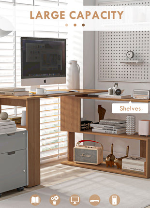 360° Rotating Home Office Desk L Shaped Corner Computer Desk with Storage Shelves, Writing Table Workstation, Teak