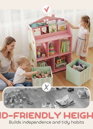 Kids Bookshelf with Storage, Toy Storage Unit with Book Display, Shelves and Fabric Drawers for Playroom Nursery, Pink