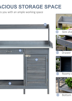 Outdoor Potting Bench Table, Garden Work Station with Storage Cabinet, Open Shelf and Steel Tabletop, Gray