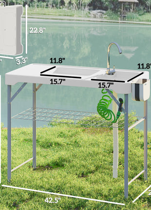 Folding Fish Cleaning Table with Sinks, Portable Camping Sink Table with Faucet, Drainage Hose, Sprayer, Shelf, Drawer and Storage Basket, Outdoor Fillet Table for Picnic Beach Patio, White