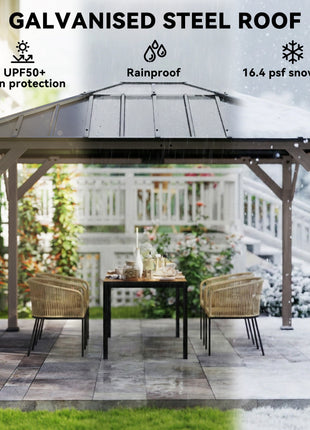 10' x 12' Hardtop Gazebo with Galvanized Steel Roof, UPF50+ Wood Permanent Pavilion with Clear Roof Top, Light Walnut