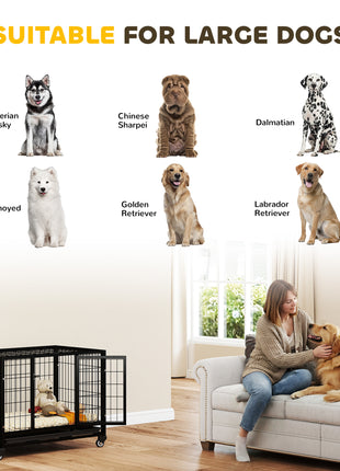 36" Heavy Duty Dog Crate with Removable Tray, Lockable Wheels and Double Door, for Medium and Large Dogs, Black