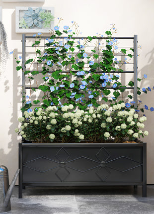 Outdoor Planter Box Galvanized Raised Garden Bed with Trellis for Climbing Vines, 35.4" x 15.7" x 47.2", Black