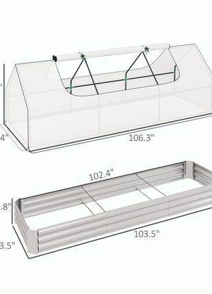 8.6 x 3 x 1ft Raised Garden Bed with Mini Greenhouse, Galvanized Raised Garden Bed with Cover for Herbs and Vegetables, Small Greenhouse for Patio Garden Balcony, White and Silver