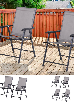Set of 2 Outdoor Folding Chairs, Stackable Patio Dining Chairs with Armrests, Metal Frame, Gray