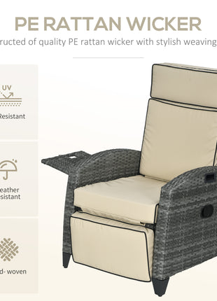 Outdoor Recliner Chair with Cushions, Reclining Patio Lounge Chair with Adjustable Footrest, Armrests, Tray Table, Khaki