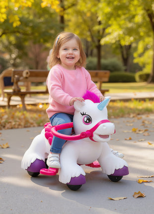 12V Unicorn Ride on Horse with Carrot Toy, Comb, Animal Sounds, for Girls Boys Aged 1.5-3 Years Old