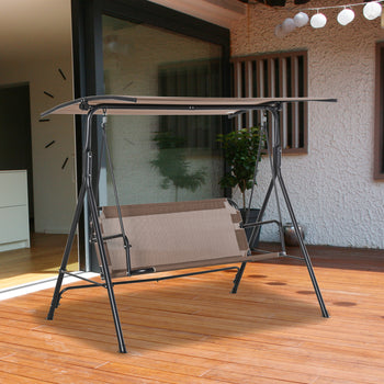 2-Seater Patio Swing Chair, Outdoor Adjustable Canopy Porch Swing with Armrests, Texeline Fabric and Steel Frame, Brown