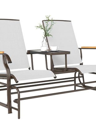 Outdoor 2-Person Glider Bench, Outside Glider Swing Chair Loveseat with Table, Steel Frame, Cream White