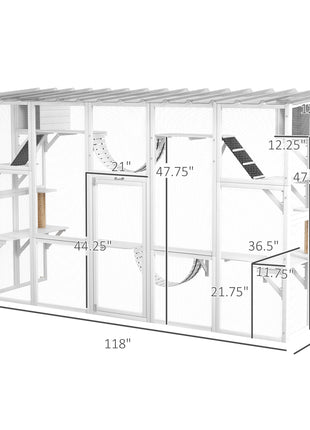 118" Large Outdoor Catio Cat Enclosure with Condos, Bridges & Posts, White