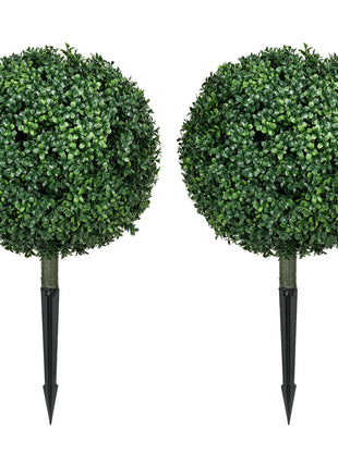 Artificial Boxwood Trees w/ Ground Stake, Set of 2 Ball Shaped Topiary Trees for Home Office & Living Room, UV Resistant