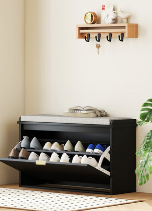 Shoe Storage Bench with Padded Seat Cushion and Flip-Drawer, Entryway Bench, Shoe Cabinet, 31.5x10.2x18.7 Inches, Black