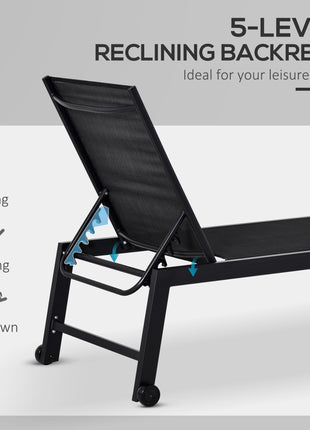 Outdoor Chaise Lounge with Wheels, Five Position Recliner for Sunbathing, Suntanning, Steel Frame, Breathable Fabric for Beach, Yard, Patio, Black