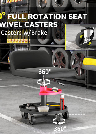 Rolling Creeper Garage Stool, 300 LBS Capacity Mechanic Stool with 360° Wheels, Tool Tray, Adjustable Height, Black