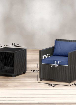 3 Piece Patio Bistro Set, Wicker Furniture Set with Thick Cushions, Glass Coffee Table and Chairs for Garden, Dark Blue