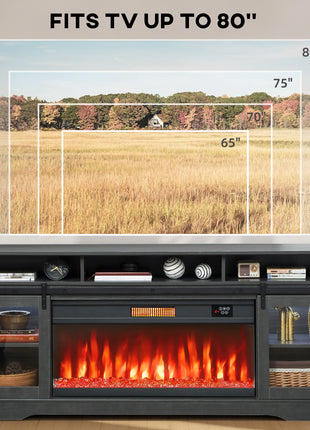 Fireplace TV Stand for TVs Up to 80 Inch, TV Console with Electric Fireplace, Open Storage and Side Cabinets, Gray