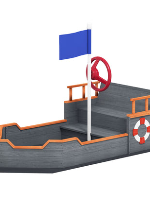 Kids Wooden Sandbox Pirate Ship Sandboat w/ Bench Seat Storage Space Ceder Wood, Gray
