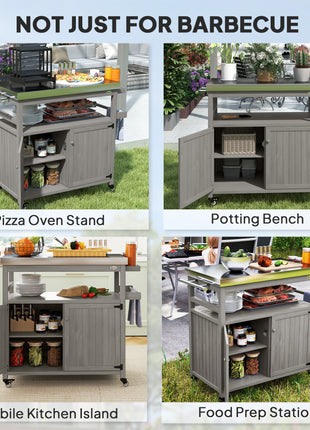 Outdoor Grill Cart w/ Stainless Steel Top, Solid Wood Outdoor Kitchen Island w/ Wheels, Storage Cabinets, Gray