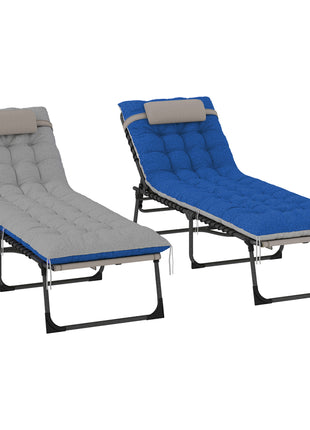 Outdoor Chaise Lounge Chair Set of 2, 5-Level Adjustable Folding Pool Lounge Chairs with Cushions, Brown/Blue