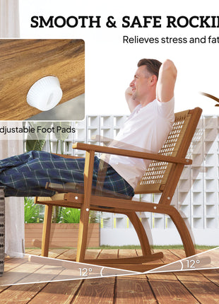 Outdoor Lawn Rocking Chair Set of 2, Acacia Wood Patio Rocking Chairs with Wicker Back and Seat for Garden, Khaki