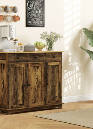 Kitchen Storage Cabinet, Sideboard Floor Cupboard with Solid Wood Top, Adjustable Shelf, and 3 Drawers, Brown