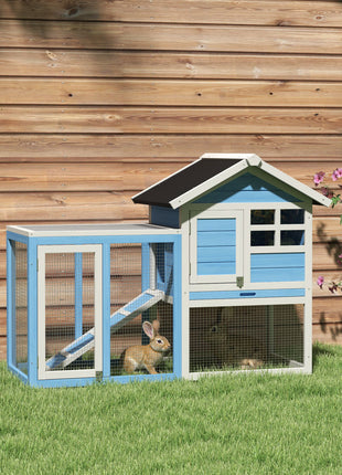 49" Wooden Rabbit Hutch Bunny Cage with Waterproof Asphalt Roof, Fun Outdoor Run, Removable Tray and Ramp, for Rabbits, Chickens, Ducks, Light Blue
