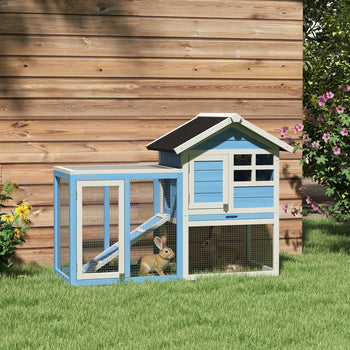 49" Wooden Rabbit Hutch Bunny Cage with Waterproof Asphalt Roof, Fun Outdoor Run, Removable Tray and Ramp, for Rabbits, Chickens, Ducks, Light Blue