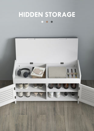 Shoe Storage Bench, Modern Entryway Bench with Cushion, Hidden Compartments, Adjustable Shelves, Shutter Doors, White