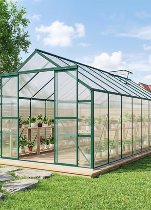 16' x 8' Aluminum Greenhouse Polycarbonate Walk-in Garden Greenhouse Kit with Adjustable Roof Vent, Rain Gutter and Sliding Door for Winter, Clear