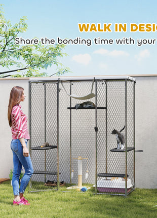 Catio Outdoor Cat Enclosure, Galvanized Steel Walk-in Cat Cage with Waterproof Cover, 5 Adjustable Platforms, Hammock