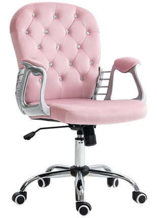 Button Tufted Desk Chair, Home Office Chair with Padded Armrests, Adjustable Height and Swivel Wheels, Pink
