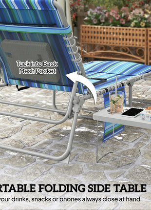 Tanning Chair Set of 2 with Face Hole and Side Table, 5-Position Folding Outdoor Chaise Lounge Chair, Blue Stripe