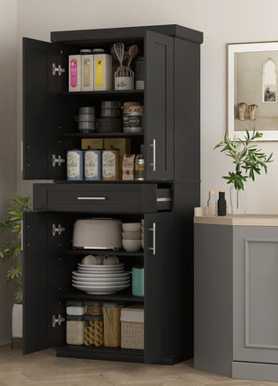 Modern Kitchen Pantry Freestanding Cabinet Cupboard with Doors and Drawer, Adjustable Shelving, Black