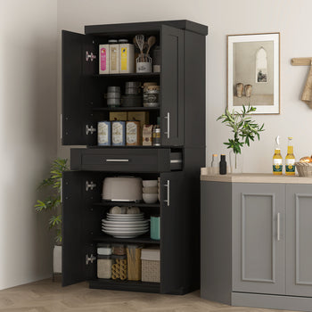 Modern Kitchen Pantry Freestanding Cabinet Cupboard with Doors and Drawer, Adjustable Shelving, Black