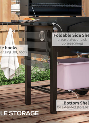 Charcoal BBQ Grill w/ Adjustable Height, Folding Shelves, Thermometer, and Wheels, Black