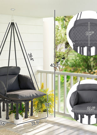 Hammock Swing Chair, Macrame Hanging Chair with Large Cushion, Chain, Steel Frame for Indoor Outdoor Use, Dark Gray