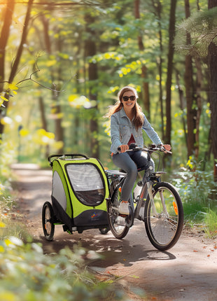 Bike Trailer for Kids 3 In1 Foldable Child Jogger Stroller Baby Stroller Transport Carrier with Shock Absorber System Rubber Tires Adjustable Handlebar Kid Bicycle Trailer Green and Gray