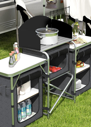 Aluminum Camping Kitchen, Portable Folding Camping Table with Fabric Cupboards, Windshield, Bag for BBQ, Picnic, Black