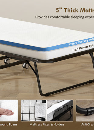 Folding Bed with Mattress for Adults, Single Size, Portable Foldable Bed with Memory Foam Mattress & Steel Frame, White