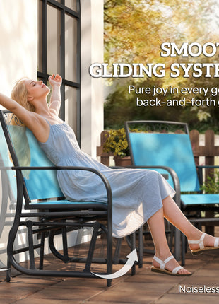 Outdoor Glider Chairs with Coffee Table, Patio 2-Seat Rocking Chair Swing with Breathable Sling for Backyard, Blue